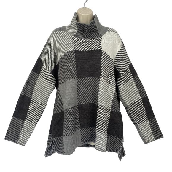 DKNY Sweater Women XL Gray Black White Buffalo Plaid Boxy Cozy Cabincore Neutral - Picture 1 of 11